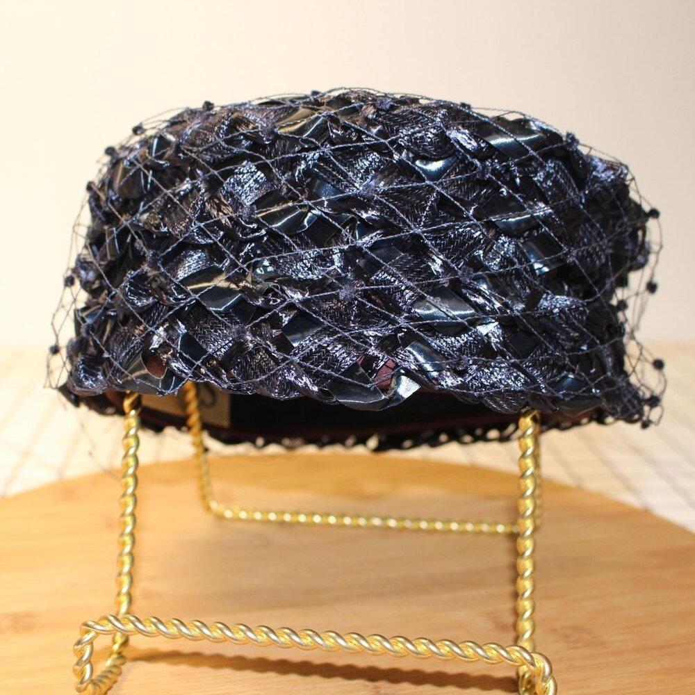 Vtg 1940s Navy classic pillbox / half-hat By Sharon Originals Woven Womens Hat